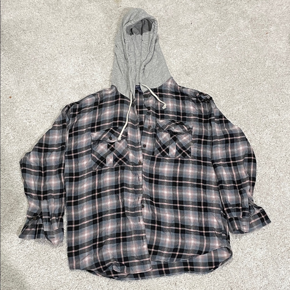 Plaid Button-Up Shirt with Gray Hood
